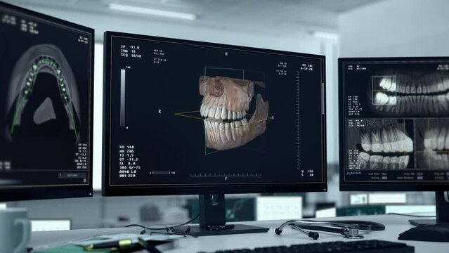 Animation of the medical scanning procedure at the healthcare facility. Animation of the medical software inspecting the scans of patient mouth. Animation of medical tech analysing scan images.
