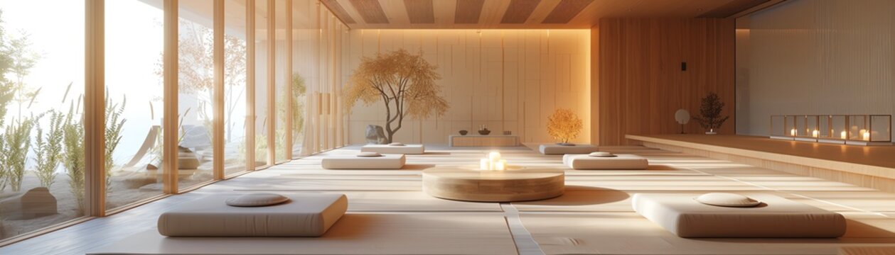 A 3D model of a serene meditation and yoga space at an international school, promoting mindfulness among students