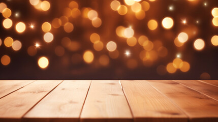 Empty wooden table top with defocused bokeh Christmas Fair lights background. Template for product display сreated with Generative Ai - obrazy, fototapety, plakaty