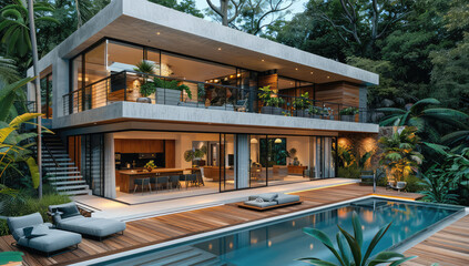 A modern house in the Amazon Rainforest, featuring large glass windows and an outdoor pool with clear water. The interior includes contemporary furniture made from natural materials like wood.