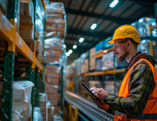 Warehouse worker safety vest using tablet beside conveyor parcels. Industrial technology concept