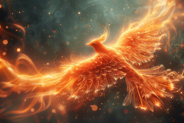 Golden mythological Phoenix bird soaring through the smokey air, immortal, live forever concept - obrazy, fototapety, plakaty
