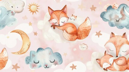 Naklejka premium Sleeping Fox and Other Animals Watercolor Painting