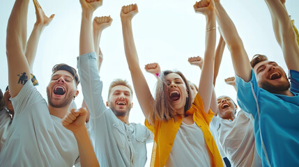 a group of happy people jumping and raising their hands up, joy and happiness of friends, - Powered by Adobe