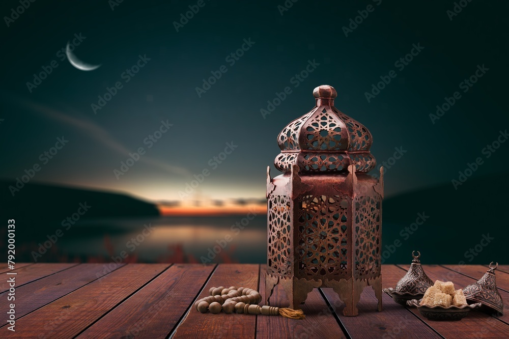 Sticker Lantern with candle light at sunset sky