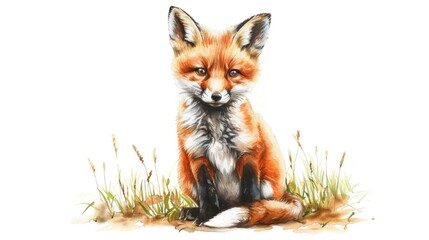 Obraz premium Fox Sitting in Grass Watercolor Painting