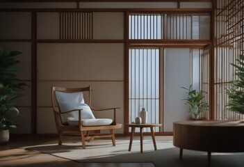 partition japanese tropical room Arm chair rendering Wooden interior3d