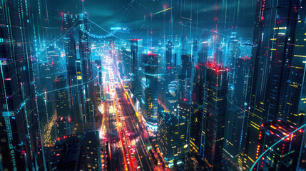 A futuristic cityscape at night, with digital data streams in the sky forming an intricate network of connections between buildings, symbolizing advanced technology and connectivity