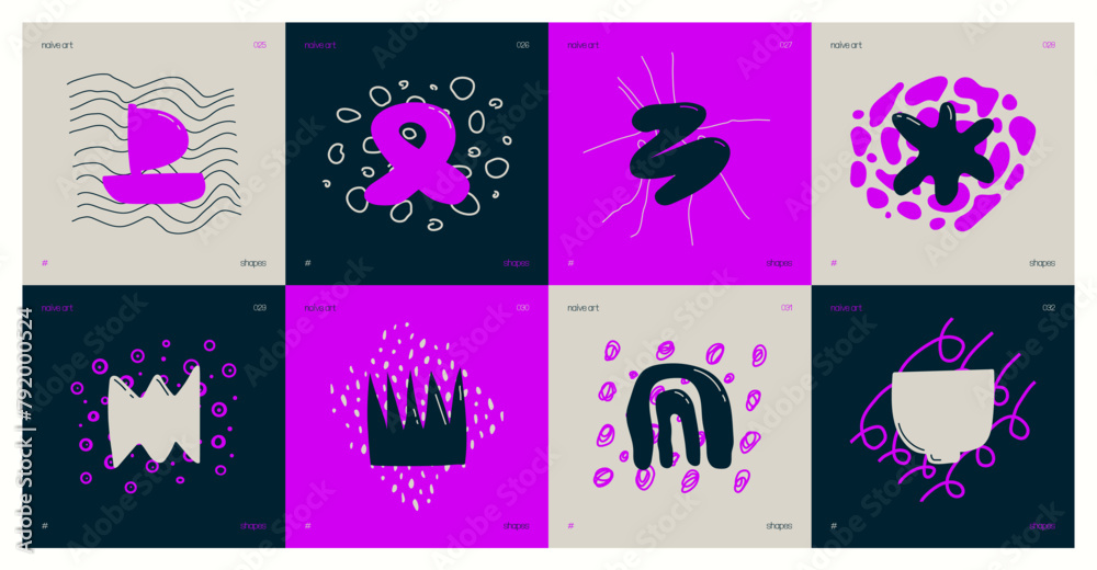 Leinwandbilder Set of compositions from silhouettes minimalistic bizarre childish abstract unusual shapes and texture in matisse art style, Hand drawn violet color playful naive geometric forms, vector art set 4