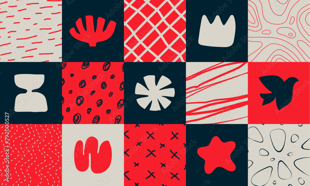 Leinwandbilder set of square abstract geometric compositions, hand drawn playful naive geometric unusual shapes and