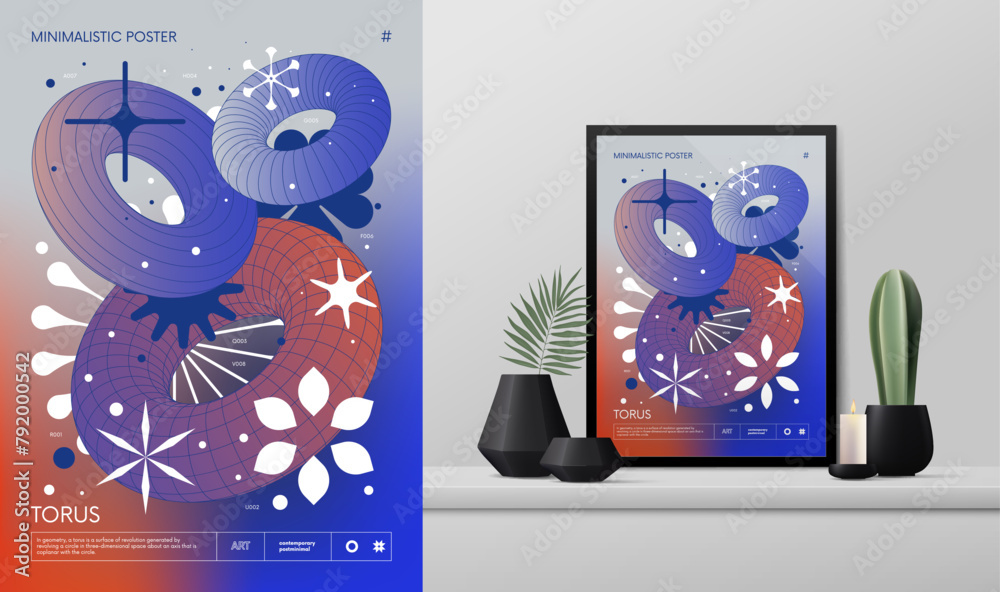 Fototapete Vector gradient minimalistic rave Poster with strange wireframes graphic assets of geometrical shapes Y2K design inspired by brutalism and mockup in the interior, torus frames and brutal elements