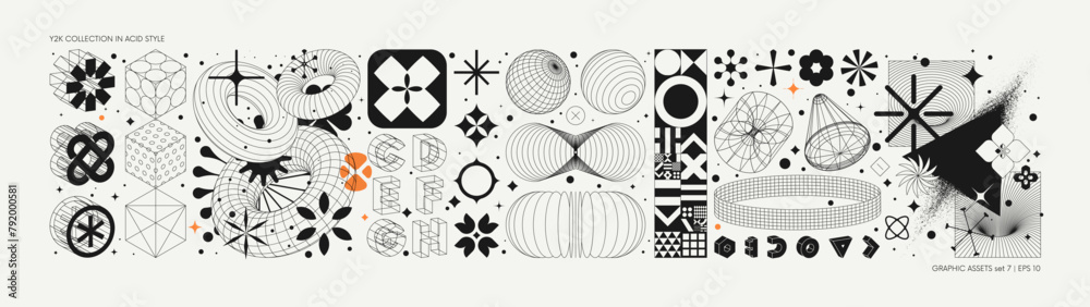 Poster Vector graphic assets set in acid style, retro futuristic background with wireframe elements of different forms, bold modern shapes for design template, poster, stickers, banner in Y2k style set 7