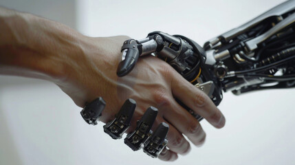 Close-up of human and robotic hands clasping in a handshake, highlighting collaboration between humans and AI.