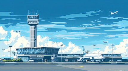 Airport tower with airplanes and control tower in monochrome blue