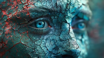 A chameleonhuman 3D face, with the ability to change colors and a contemplative expression - obrazy, fototapety, plakaty