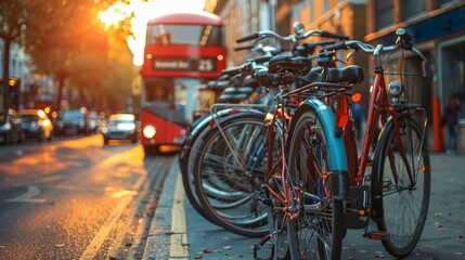 Row of Bicycles for Rent with Red Double-Decker Bus in London