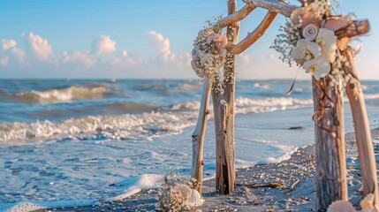the intricate details of coastal decor, from driftwood centerpieces to seashell-adorned arches, with waves gently lapping at the shore in the background.