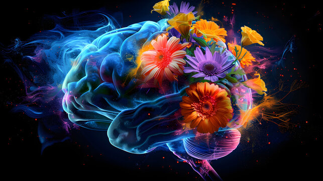 A colorful icon of the human brain with spring flowers, abstract wallpaper exploding in colors.