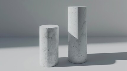   Two white marble vases atop a pristine white countertop, side by side on an immaculate white surface