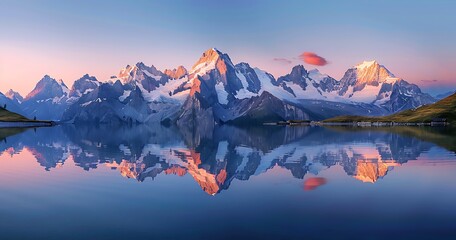 Fototapeta na wymiar In the Swiss Alps, B Common and stove mountain peaks above Lake Monch at sunrise