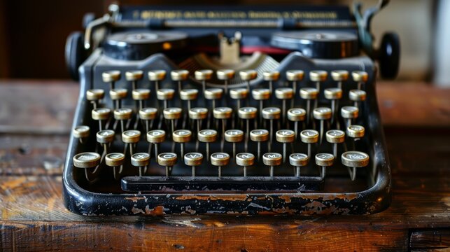 Old-fashioned typewriter with round keys and worn details. Vintage technology and writing concept