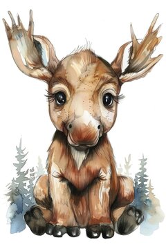 Baby Moose Sitting Watercolor Painting