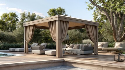 a gazebo with an elegant and sturdy wooden structure, adorned with tan fabric canopies, as seen from the front of a cozy outdoor sofa.