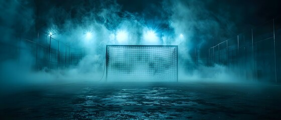 Dark foggy background with a sports goal net in focus. Concept Foggy Setting, Sports Goal Net, Atmospheric Backdrop, Outdoor Photography, Mysterious Scene