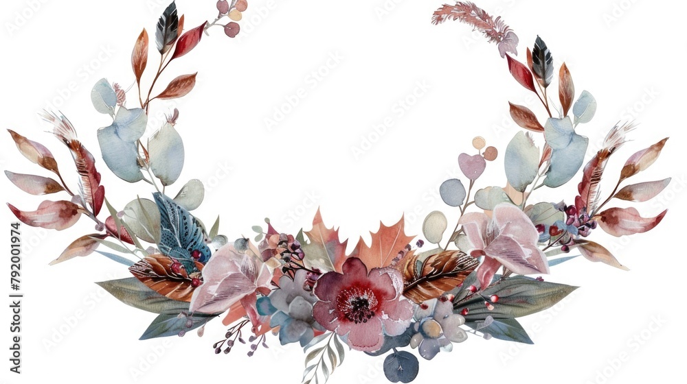 Sticker Watercolor flower wreath on white background