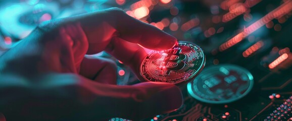 A hand holding bitcoin with a background of digital and tech elements in a closeup shot styled in the manner of a stock photo with a white color theme and red light shining