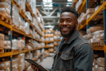 Smiling middle-aged American Black man with tablet hardware store aisle. Retail customer experience