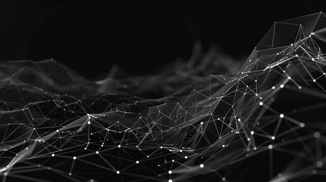 Abstract digital landscape of black network lines on dark background. 3D digital art design concept for wallpaper, background