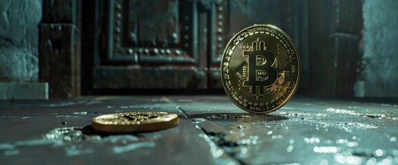 A single bitcoin on the table, front view, with a huge black shadow of an iron door in the background
