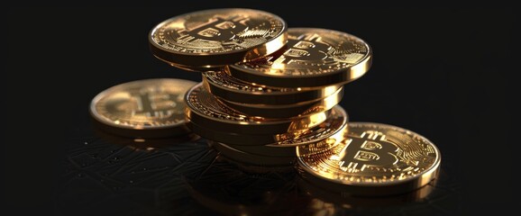 a stack of golden coins with the bitcoin symbol on them, 3d render, on black background