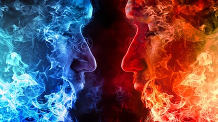 In the background image, blue and red flames face each other, each taking up half of the frame - obrazy, fototapety, plakaty