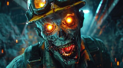 Scary zombie in a construction helmet with glowing eyes