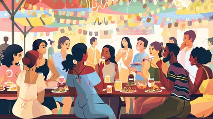 Diverse group of people socializing at an outdoor party with food and drinks. Illustration of community gathering and friendship