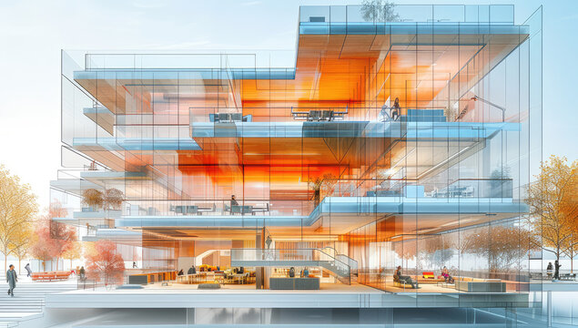 Architectural rendering, cutaway of stacked office building with many floors made from wood and glass. Created with Ai