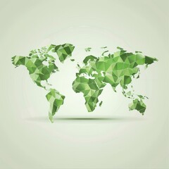 A stylized world map composed of green geometric shapes, symbolizing a connected and sustainable Earth, on a minimalist light background.