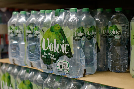 view of packs of mineral water from the volvic brand