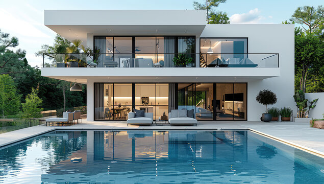 A large, modern house with glass windows and an outdoor pool is depicted in the front view. Created with Ai