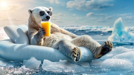 A polar bear in sunglasses, lounging on an inflatable with a refreshing drink, amidst melting ice.