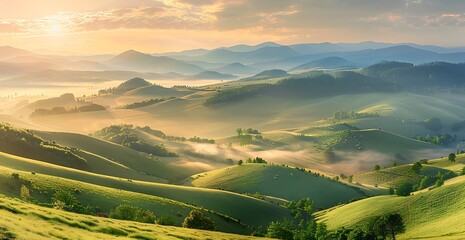 Majestic summer landscape with green hills and foggy valley at sunrise in the Carpathian mountains, stylized in the style of high dynamic range, vibrant colors, and soft focus - Powered by Adobe