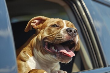 Happy dog in car window enjoying cute puppy