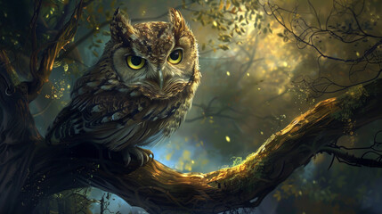 A wise old owl perched on a twisted branch, eyes gleaming with ancient wisdom.