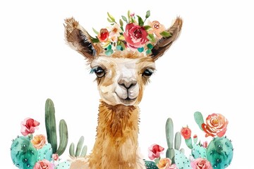 Naklejka premium Llama with Flower Crown
