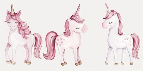 Three unicorns with pink manes - obrazy, fototapety, plakaty