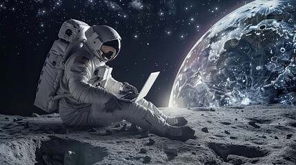 Astronaut in space with a laptop, setting on the moon