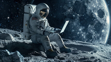 Astronaut in space with a laptop, setting on the moon