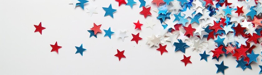 Festive confetti of red and blue glittering stars spread across a white background, symbolizing celebration